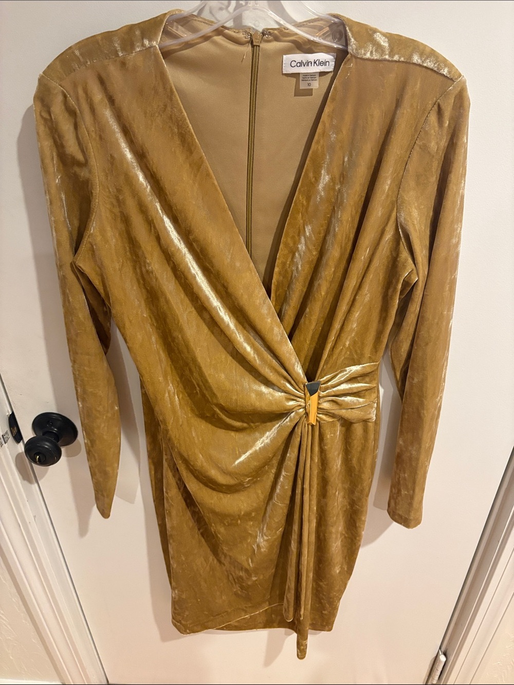 Calvin Klein Metallic Gold Long-Sleeve Twist Front Dress